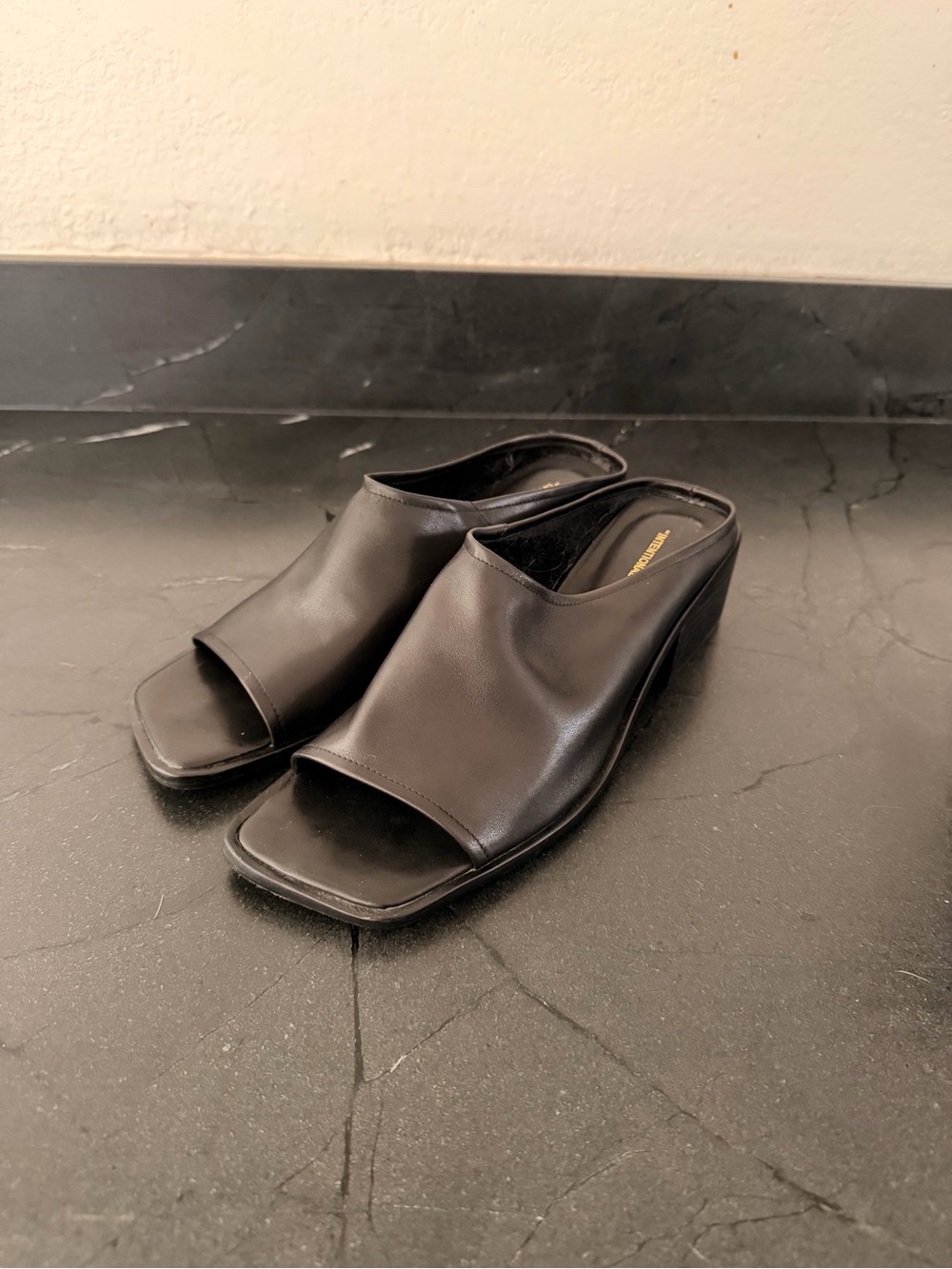INTENTIONALLY BLANK Black Open-Toe Block Heel Mules - Picture 2 of 4